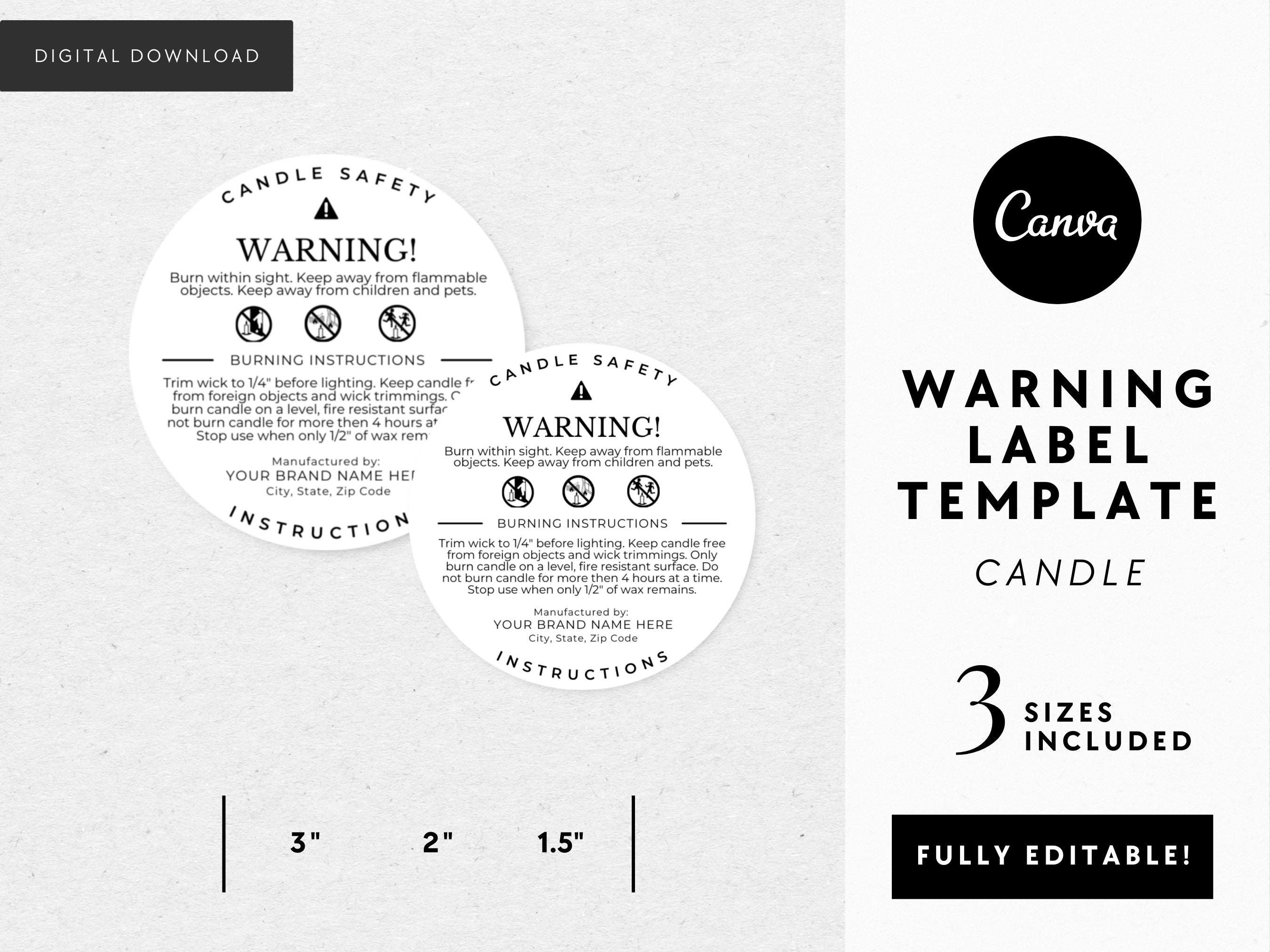 100% Editable Candle Warning Label Template, Printable Candle Safety  Sticker, 1.5 2 3 Round Warning Label, Candle Safety Instructions 