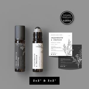 May include: Two dark glass roller bottles with black caps and white labels featuring botanical line art and the text 'rejuvenate & restore' and 'this smells amazing'. Includes two square product cards with matching floral designs and text. A circular badge reads 'Editable Template Canva'. Dimensions 2x2" & 3x2" are printed at the bottom.