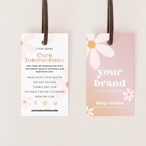 Retro Daisy Hang Tags Canva Template, Editable Clothing Tag with Garment Care & QR Code - Ruby