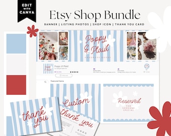 Preppy Cottagecore Etsy Shop Branding Bundle Canva Template | Banner, Listing Photos, Logo | Margot