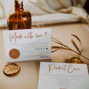 May include: Two white rectangular cards with copper-colored text. One card reads Made with love and includes social media icons and a placeholder for a logo. The second card is titled Product Care and lists washing instructions.