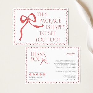 Coquette Bow Business Thank You Card Canva Template, Cute Printable Thank For Purchase, Trendy Wavy Border Package Insert Postcard Whimsical