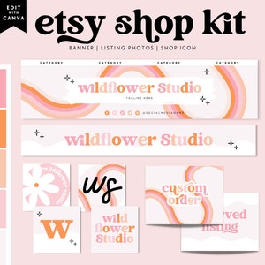 Rainbow Etsy Shop Template Kit Canva, Pastel Etsy Banner, Retro Daisy Shop Branding, Etsy Store Logo Banner, DIY Etsy Store Branding Lark image 1