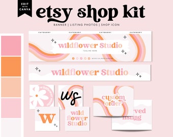 Rainbow Etsy Shop Template Kit Canva, Pastel Etsy Banner, Retro Daisy Shop Branding, Etsy Store Logo Banner, DIY Etsy Store Branding - Lark