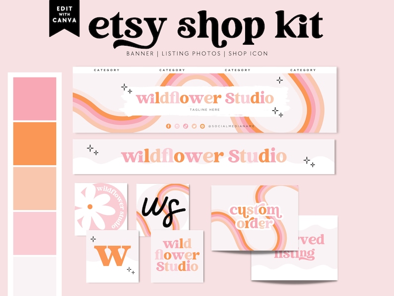 Rainbow Etsy Shop Template Kit Canva, Pastel Etsy Banner, Retro Daisy Shop Branding, Etsy Store Logo Banner, DIY Etsy Store Branding Lark image 1