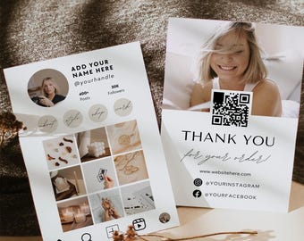 Instagram Style Business Thank You Card Template Canva, QR Code Printable Postcard, DIY Editable Social Media Card with Photos QR Code