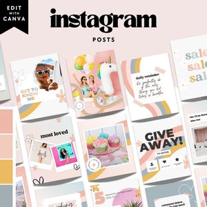 Retro Rainbow Instagram Post Templates Canva, Cute Instagram Marketing, Social Media Templates, Editable Insta Post Templates - Dani
