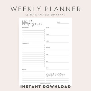 Weekly To Do List Printable, Minimalist Weekly Planner, Weekly Agenda, Week At A Glance, Week On One Page, A4/A5/Letter/Half Letter