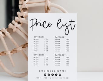 May include: A white price list with black text, featuring the words "Price List" in a stylish font. The list includes categories and prices. The background includes a woven, circular, natural-toned wall decor.