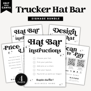 Trucker Hat Bar Sign Bundle Canva Template, Editable Hat Instructions, Printable Price List, Scan to Pay Sign, Hat Bar Sign Kit - Dani