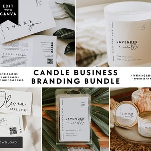 Candle Business Branding Bundle Canva Template - Candle Label Wax Melt Label, Thank You & Care Card, Business Card, Warning Label - Alina