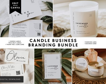 Candle Business Branding Bundle Canva Template - Candle Label Wax Melt Label, Thank You & Care Card, Business Card, Warning Label - Alina