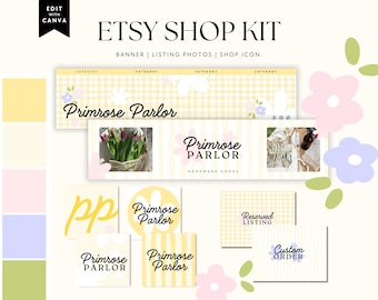 Cottagecore Etsy Shop Canva Template, Butter Yellow Floral Etsy Branding - Yara