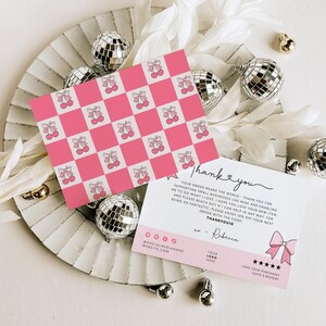 Coquette Cherries and Bows Retro Business Thank You Card Canva Template, Editable Pink Ribbons Customer Thank You Business Packaging Insert