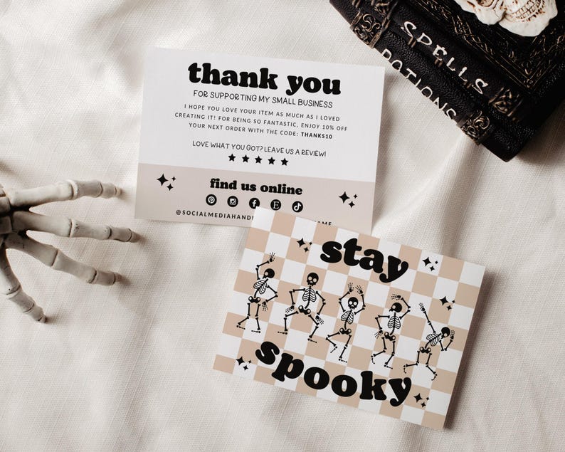 Retro Halloween Business Thank You Card Template, Editable Small Business Thank You Template, Checkered Thank You Customer Order Insert Card image 1