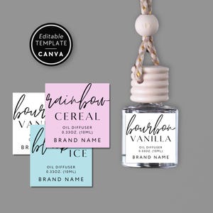 May include: A small glass oil diffuser bottle with a wooden cap and hanging cord, featuring a label that reads Bourbon Vanilla, Oil Diffuser, 0.33oz (10ml), Brand Name. Three additional square labels in white, pink, and blue are displayed.