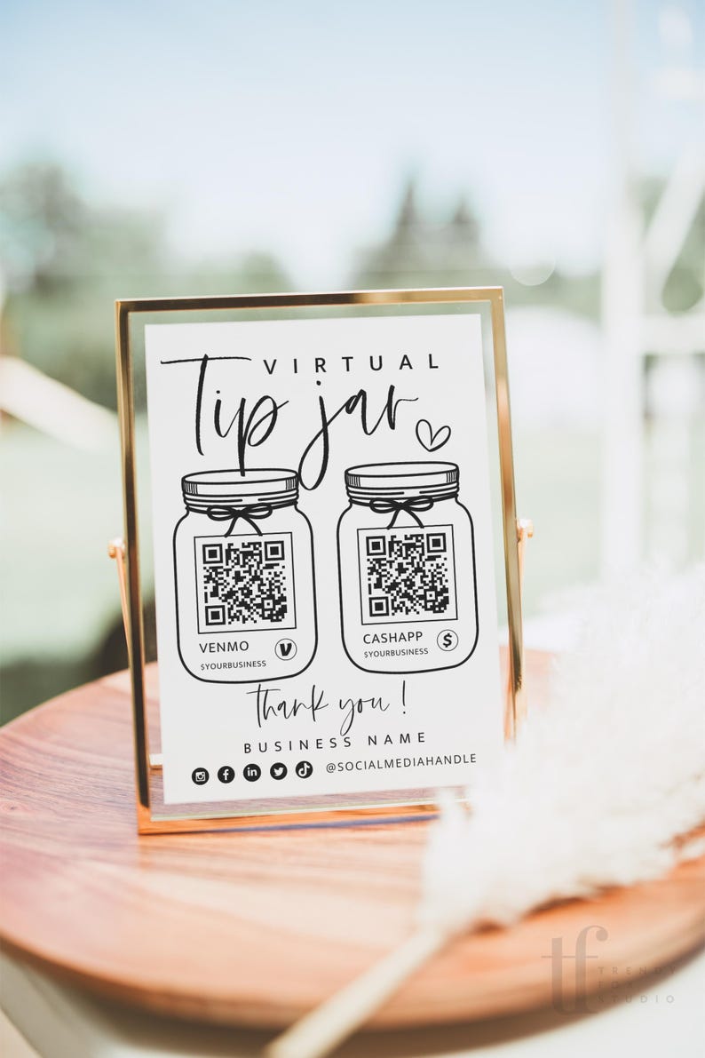 Druckbares Virtuelles Trinkglas Venmo Zahlungsschild, QR-Code-Schildvorlage, bearbeitbare Tipps akzeptiert Zeichen Canva Vorlage, Sofortiger Download - Gwen Bild 1