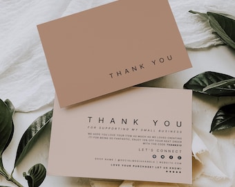 May include: Two rectangular thank you cards with a matte finish. The top card is a solid muted brown with the text THANK YOU. The bottom card is a light beige featuring the text THANK YOU FOR SUPPORTING MY SMALL BUSINESS, social media icons, and a five-star graphic.