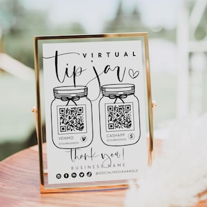 May include: A rectangular gold-toned metal frame holding a white sign with black text and graphics. The sign reads VIRTUAL tip jar, Thank you!, BUSINESS NAME, and @SOCIALMEDIAHANDLE. It features two jar illustrations with QR codes for Venmo and CashApp.