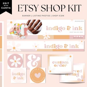 Rainbow Etsy Shop Template Kit Canva, Pastel Etsy Banner, Retro Daisy Shop Branding, Etsy Seller Template, DIY Etsy Store Branding - Ruby