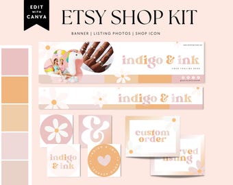 Rainbow Etsy Shop Template Kit Canva, Pastel Etsy Banner, Retro Daisy Shop Branding, Etsy Seller Template, DIY Etsy Store Branding - Ruby