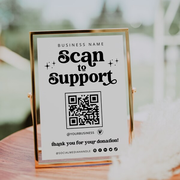 Retro Scan to Support Sign Template, QR Code Sign, Printable Donation Sign, Scan to Donate Sign CashApp Paypal Sign Payment Here Sign - Dani