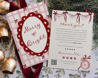 Cottagecore Coquette Christmas Thank You Canva Template, Editable Gingham Bows Customer Order Insert Card