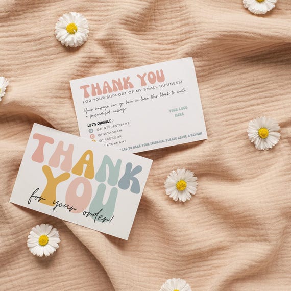 Editable Rainbow Small Business Thank You Card, Printable Retro Thanks For Your Purchase Card, 90s Y2k Business Order Thank You, Canva - Amy