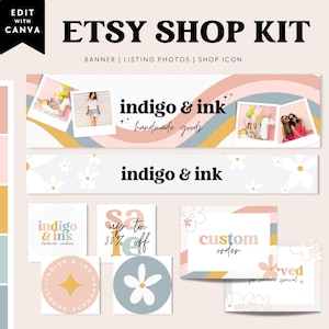 Rainbow Etsy Shop Template Kit Canva, Pastel Etsy Banner, Retro Daisy Shop Branding, Etsy Seller Template, DIY Etsy Store Branding - Dani