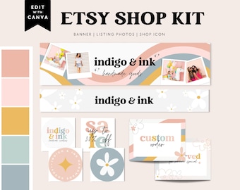 Rainbow Etsy Shop Template Kit Canva, Pastel Etsy Banner, Retro Daisy Shop Branding, Etsy Seller Template, DIY Etsy Store Branding - Dani
