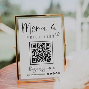 Plantilla de signo de código QR de menú imprimible y lista de precios, signo de código QR de menú editable Canva, signo de pequeña empresa, escaneo de signo de lista de precios - Gwen