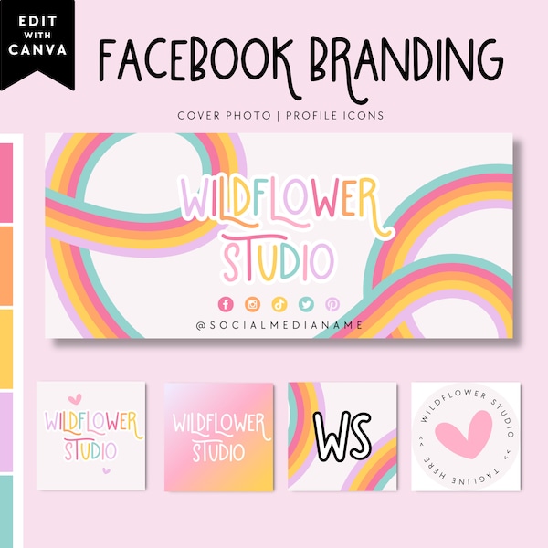 Rainbow Facebook Cover Canva Template, Pastel Colorful Facebook Banner, Facebook Icon, Facebook Business Cover Image, DIY Cover Image -Amara