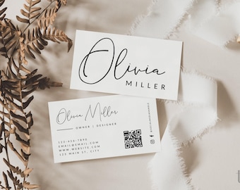 Minimal Business Card Canva Template QR Code, DIY Printable Modern Small Business Card, Editable Business Card, Feminine Branding - Alina