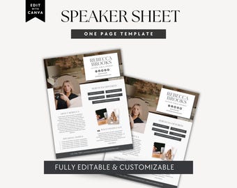 May include: A speaker sheet one page template featuring the text "SPEAKER SHEET", "REBECCA BROOKS", "SERVICES OFFERED", "ABOUT REBECCA", "SPEAKING TOPICS", and "WHAT PEOPLE SAY". The layout includes placeholders for photos, social media icons, and contact details.