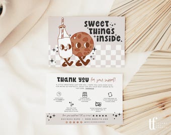 Groovy Cookie Care Card Canva Template with Icons, Editable Thank You Cake Instructions, Retro Bakery Business Package Insert - Millie