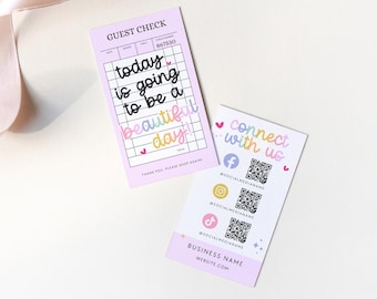 May include: Two rectangular cards with a light purple and white colour scheme. One card resembles a guest check with the text today is going to be a beautiful day. The second card features the text connect with us and three QR codes.