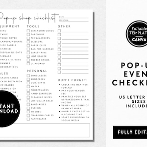 Pop-Up Shop Checklist, Vendor Event Planner, Craft Show Checklist, Checklist for Vendor Booth, Flea Market Checklist, Booth Checklist