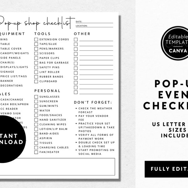 Pop-Up Shop Checklist, Vendor Event Planner, Craft Show Checklist, Checklist for Vendor Booth, Flea Market Checklist, Booth Checklist