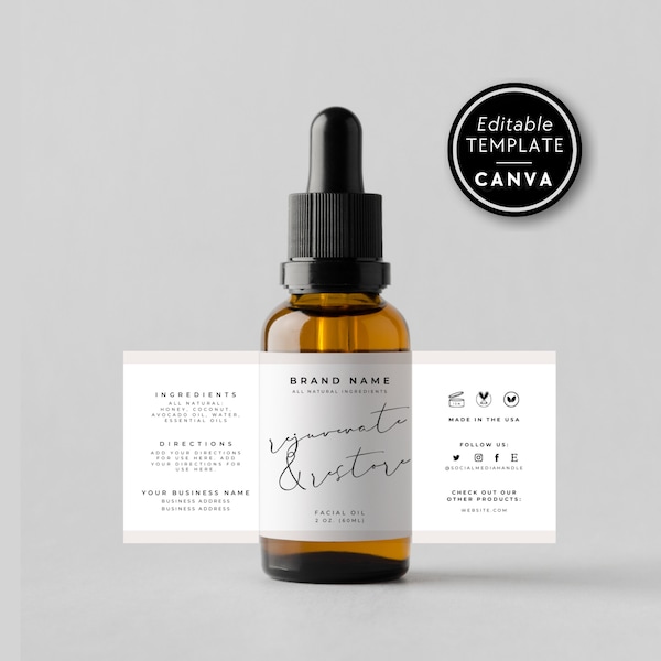 Dropper Bottle Label Template, Cosmetic Bottle Label, Editable Essential Oil Label, Minimal Facial Oil Roll On Label Template, "Andi" DB10