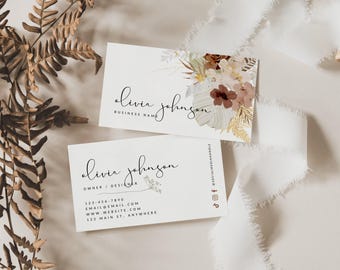 Boho Floral Business Card Canva Template, Editable Elegant Feminine Calling Card