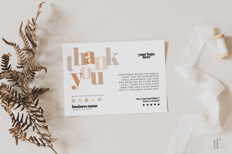 Boho Thank You Card Canva Template, Editable Small Business Neutral ...