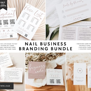 Artificial Nail Business Branding Bundle Canva Template - Signage, Nail Sizing, Backing Card, Application Instructions, Business Card - Vera