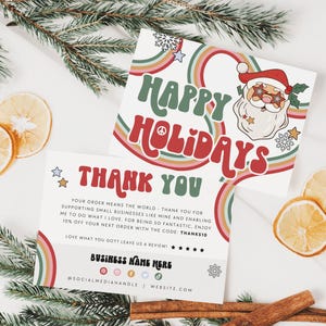 Retro Christmas Business Thank You Canva Template, Groovy Holiday Printable Thanks For Your Purchase, Editable Seasonal Package Insert Card