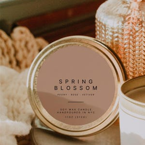Blush Minimal Round Candle Label Template Canva, Editable Candle Tin Lid Label, Circular Candle Sticker with Scent Notes, Add Logo - Bailey