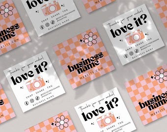 May include: Square business cards featuring two designs: one with a peach and pink checkerboard pattern and a flower icon, and another white card with the text 'Thanks for your order! love it?', a camera illustration, and social media icons.