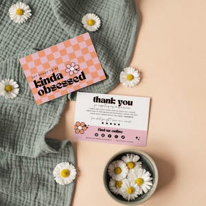 Retro Thank You Card Template, Editable Small Business 70s Groovy Thank You Card, Order Package Insert, Printable Checkered Thank You Pixie