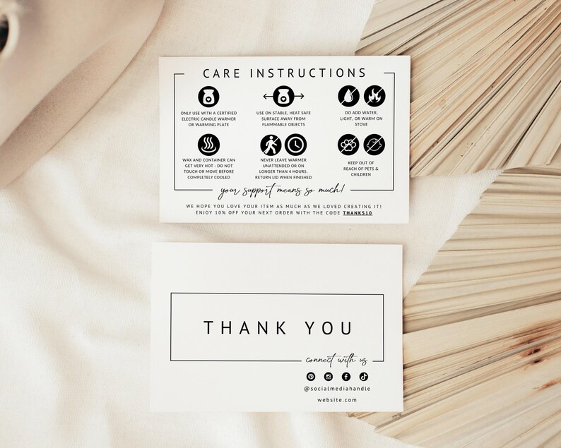 Modern Wickless Candle Care Card Template with Icons, Candle Instructions, Editable Thank You Card, Candle Business Package Insert - April image 2