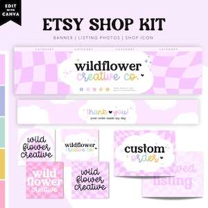 Op de afbeelding: Een Etsy shop kit in pastelkleuren. Het bevat banners, productfoto's en shop-iconen. Het ontwerp toont de tekst "wildflower creative co." en "thank you!" met een dambord- en wolkenachtergrond.