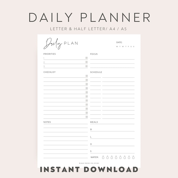 Daily Planner Printable, Minimalist Daily To Do List, Daily Agenda, Day At A Glance, Day On One Page, Productivity, A4/A5/Letter/Half Letter