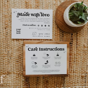 May include: Two rectangular white cards with black text and graphics. The top card reads Made with love and includes social media icons. The bottom card is titled Care Instructions and features icons with text explaining product usage.